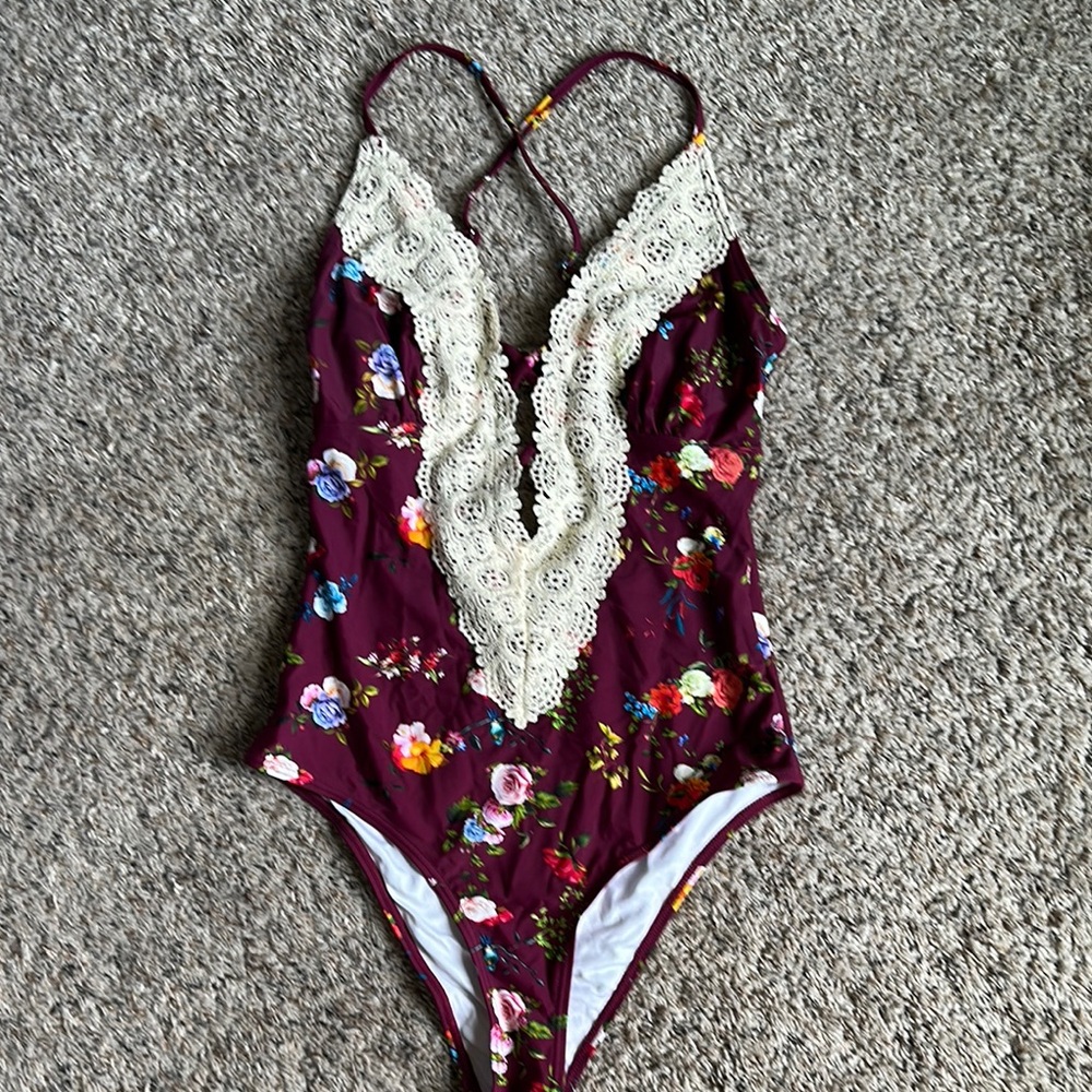 Floral Lace One Piece Swimsuit - Burgundy and Cream